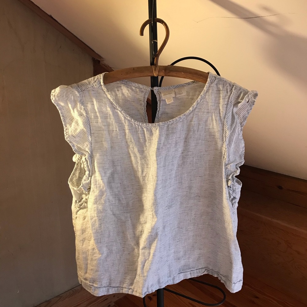 Catherine Malandrino Grey White Linen Ruffle Top, EUC, XL